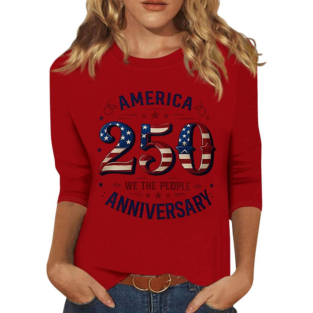 Women's Fashionable Casual Three-Quarter Sleeve 250th Anniversary Independence Day Print Neck Sweater