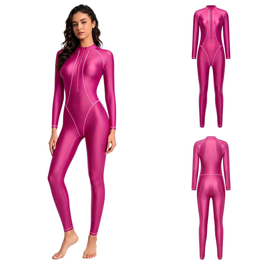 S-3XL Damen Ganzkörper Rash Guard Badeanzug Stehkragen Langarm Lange Hosen Glänzender Jumpsuit für Surfen Tauchen Wassersport