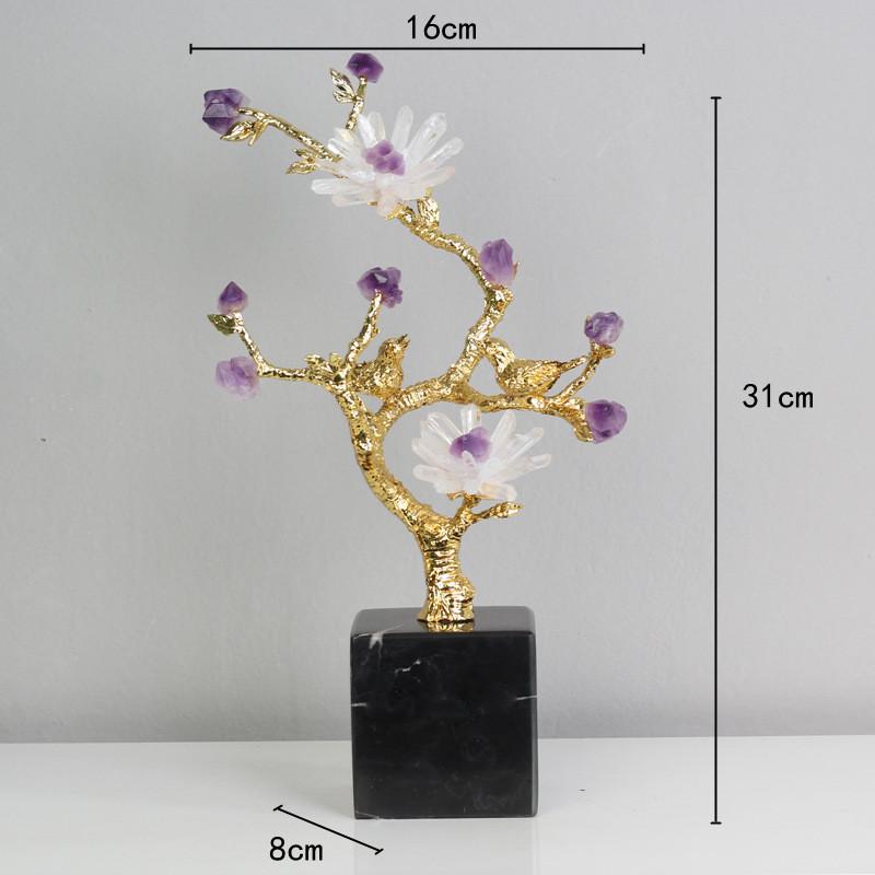 Metal Handicraft Golden Tree Crystal Flower Brass Amethyst Decoration Golden Bird Metal Decorative Figurines Home Decoration