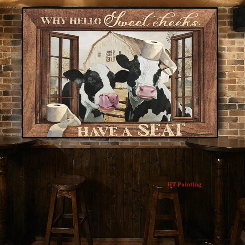 "Have a seat" Cows By The Window Poster Vintage Animals Cow Donkey Canvas Painting Farmhouse Wall Art Pictures Farm Home Decor