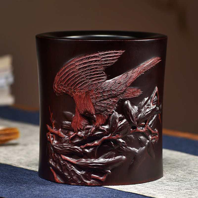 Rosewood Pen Holder - Blood Red Solid Wood, Small Leaf Design, Office Desk Ornament, Gift Box Packaging