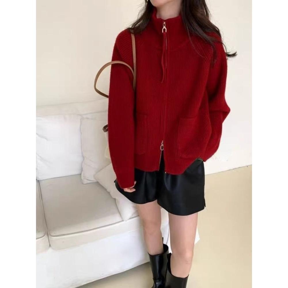 New Autumn and Winter Stand-up Collar, Double Zipper, Long-sleeved, Loose, Large-sized, Laid-back Style Knitted Cardigan Sweater for Women