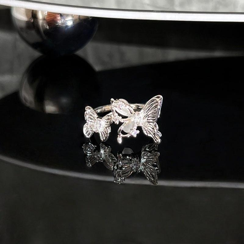 2026 Silver and White Beads Fashion Light Luxury Open Ring Feminine Geometric Bow Simple Niche Stacked Ring Resizable