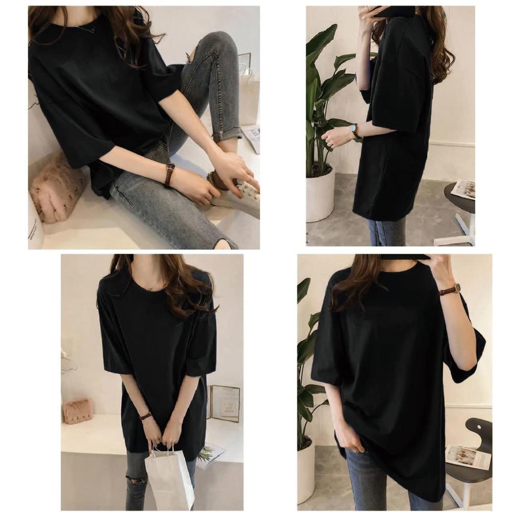 De Big short crew loose Tunika [Maison TAO] T-Shirt, Ärmel, Ausschnitt, Passform, Länge, lässig, Damen (L, schwarz)