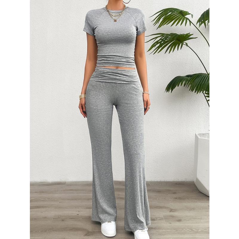 Summer casual solid color slim short-sleeved trousers set