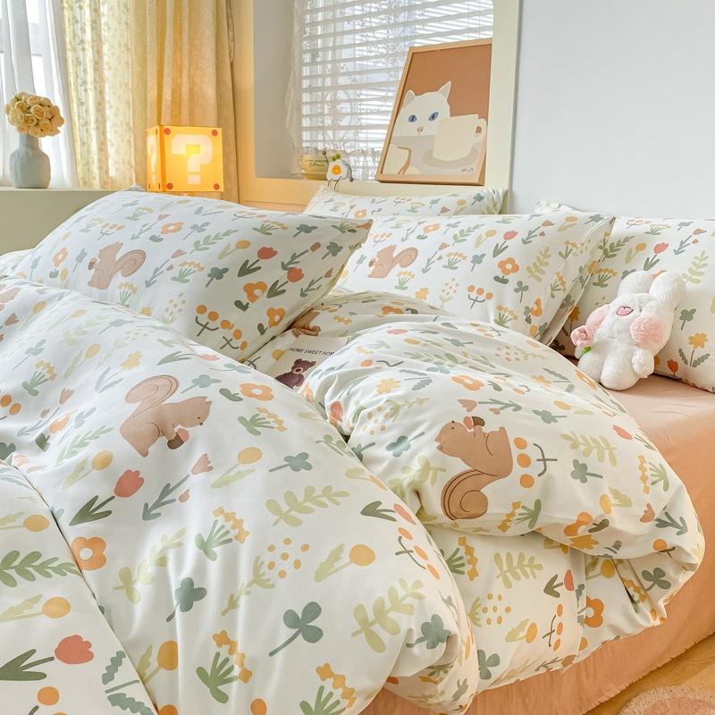 Small Fresh Washed Cotton Four-piece Set, Bedding Quilt Cover, Dormitory Single Bed Three-piece Set