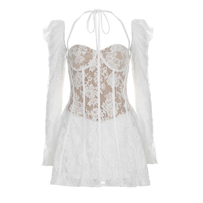 

H Home European and American Women s Clothing Court French Style Lace Jacquard Waist-Tight Puff Sleeve Dress Abstinence Sexy A- line Skirt White L