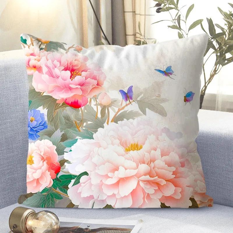 Peony Flower Pattern Decorative Pillowcase Living Room Bedroom Square Cushion Pillowcase