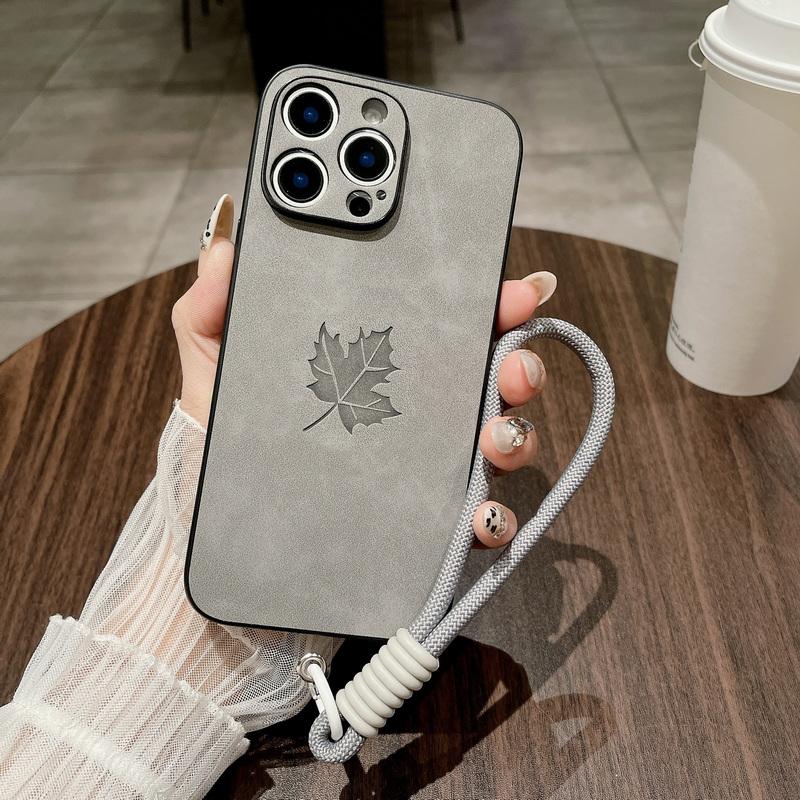 Kryt na telefon s motivem javorového listu, měkký, s šňůrkou, pro iPhone 16 Plus 15 Pro 14 Pro Max 13 12 11, jednobarevný, kožený, nárazuvzdorný, tenký, matný zadní kryt