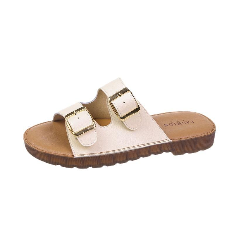 Leather Women's Slippers Summer Women's Casual Slippers with Double Button Ox Tendon Sole Outdoor Non Slip Beach Slippers