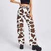 Fashion Women High Waist Loose Pocket Cow Printing Jeans Pants