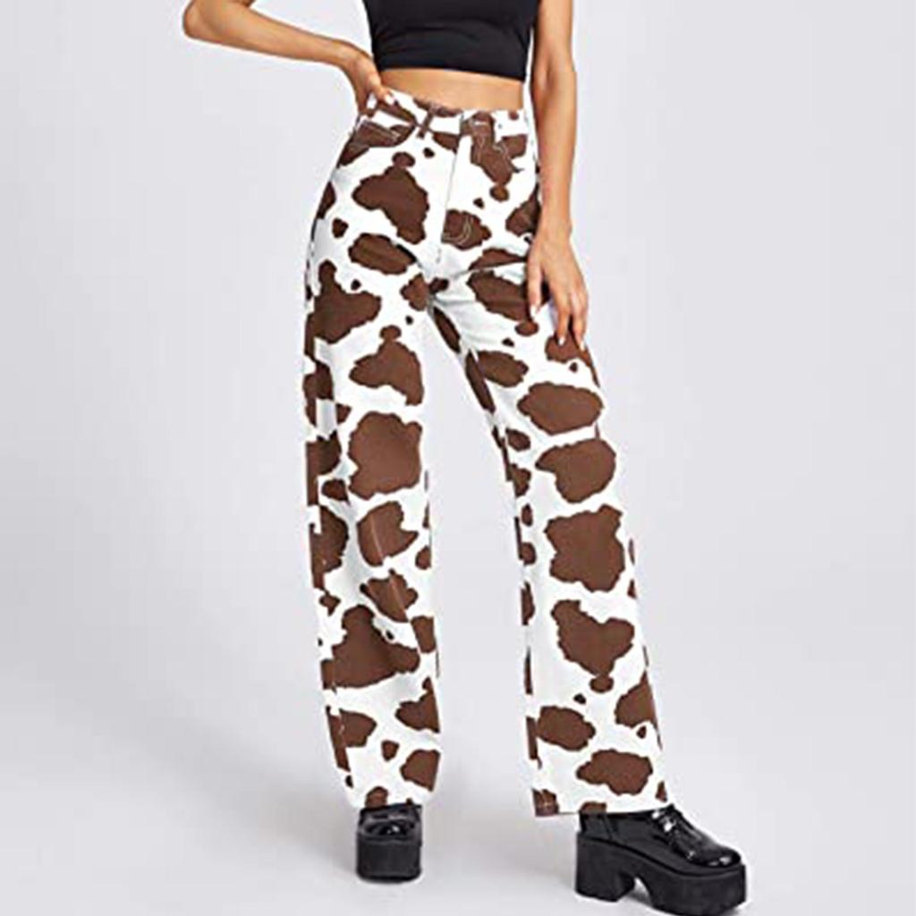 Fashion Women High Waist Loose Pocket Cow Printing Jeans Pants