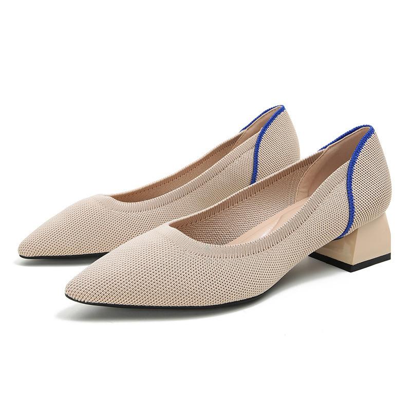 New thick heel knitted shoes temperament versatile fashion leopard print color matching pointed shoes woven shoes