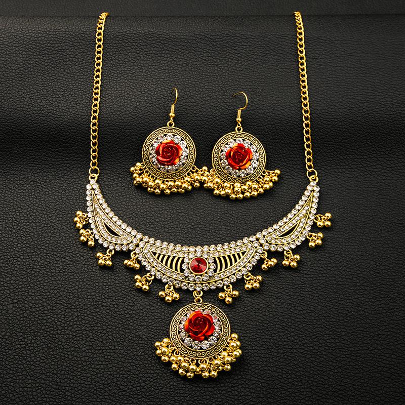 Metal Rose Necklace, Exotic Retro Ruby Earrings, Fashionable Literary Tassel Set