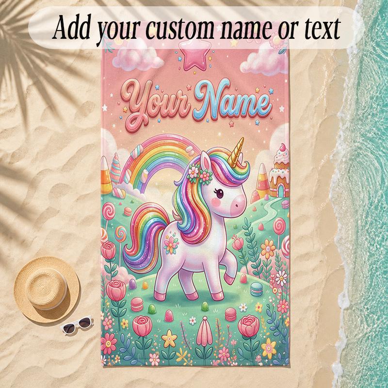 Unicorn Theme Soft Beach Towel Personalized Custom Name Text Towel Portable for Beach Pool Travel