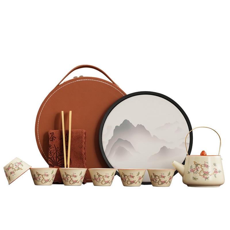 Premium light luxury gift set Ru kiln wisteria flower bubble teapot simple leather bag complete set of guest tea set
