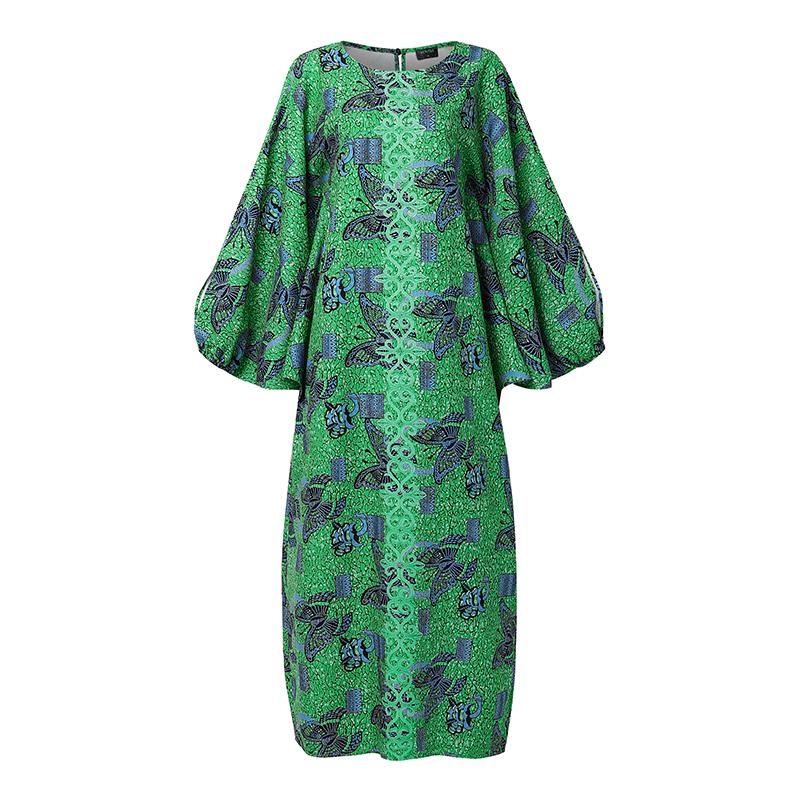 L-5XL Women O Neck Batwing Long Sleeve Floral Print Casual Loose Maxi Kaftan Dress