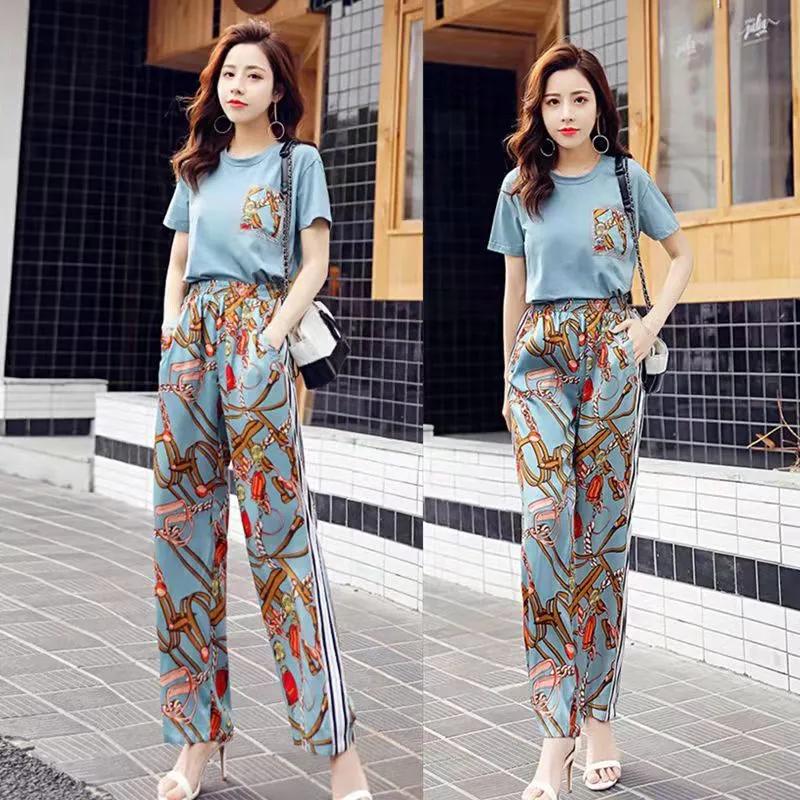 

Женский летний свободный спортивный комплект с принтом, повседневный топ с круглым вырезом и короткими рукавами + широкие брюки, комплект из двух предметов XS