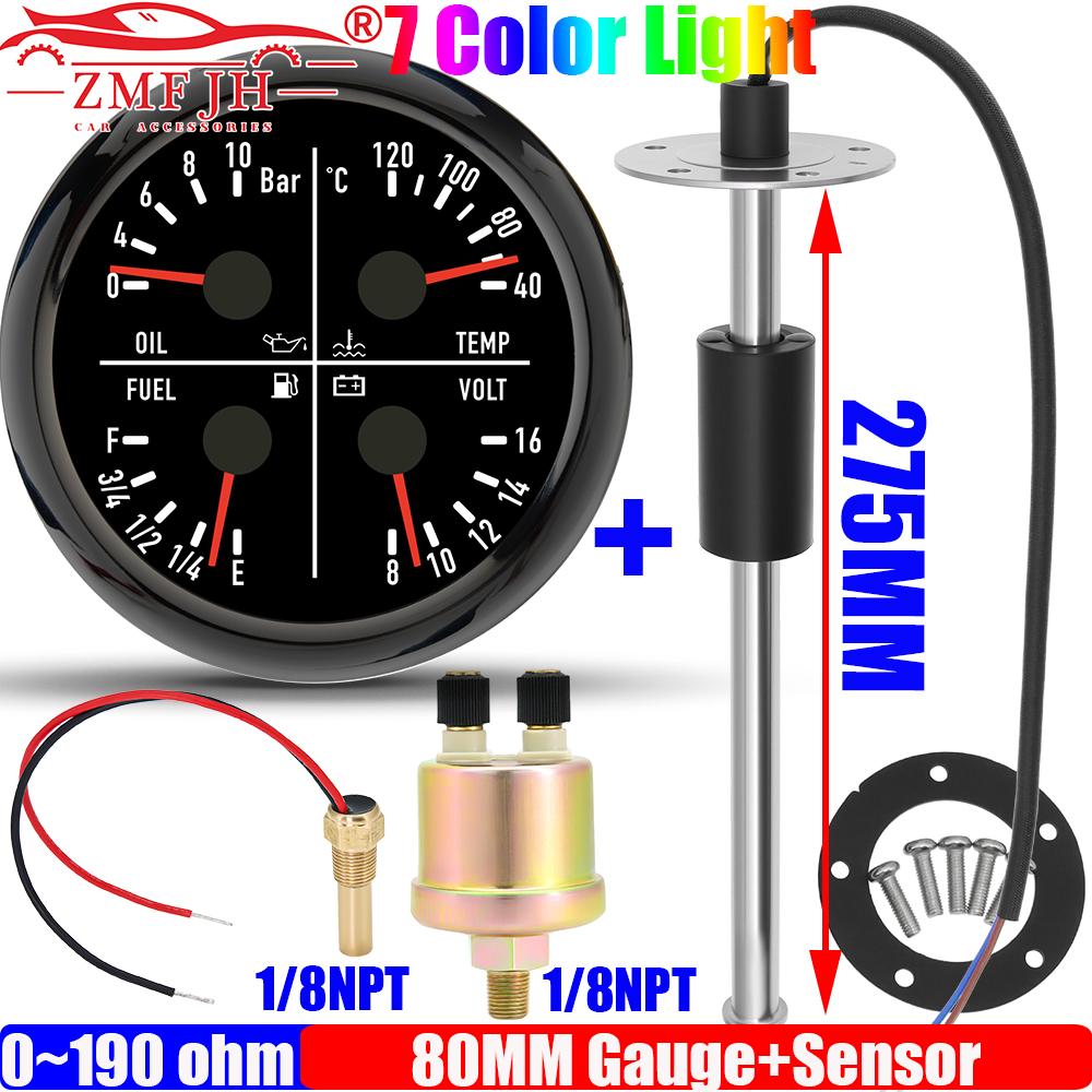 ZMFJH 100-550MM Fuel Level Sensor 0-190ohm 80MM Oil Pressure+Water Temp+Fuel Level+Voltage 7 Color LED for Marine Boat Yacht Car