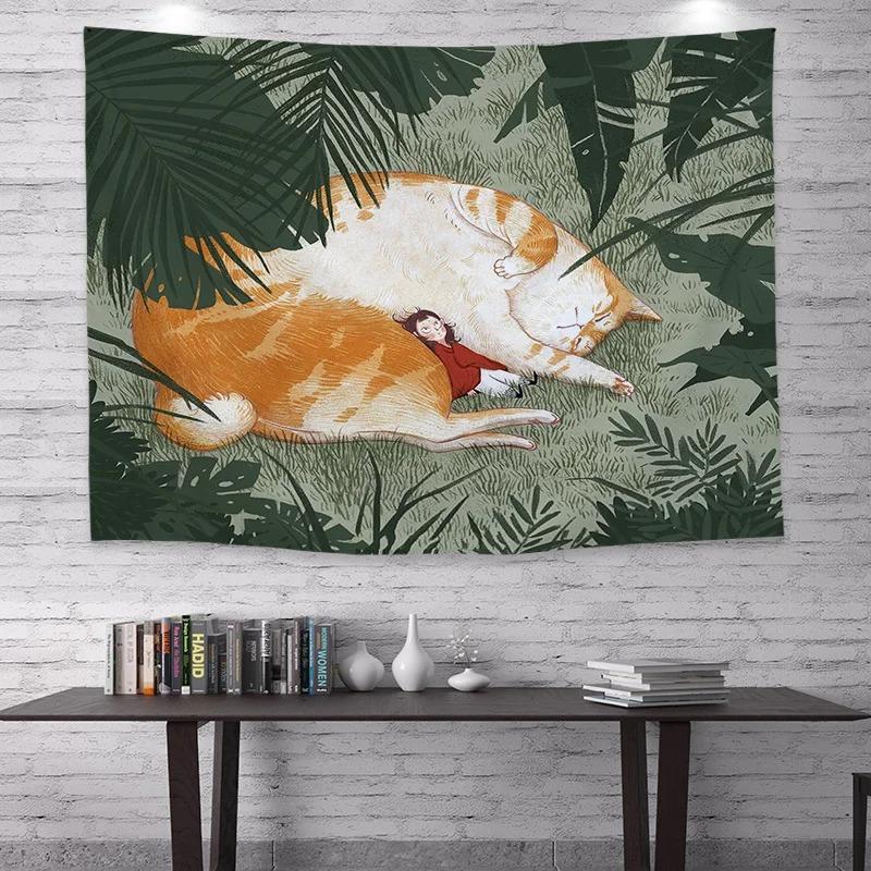 Cartoon Illustration Cat Print Hanging Cloth Home Wall Decoration Tapestry Bedroom Living Room Tapestry