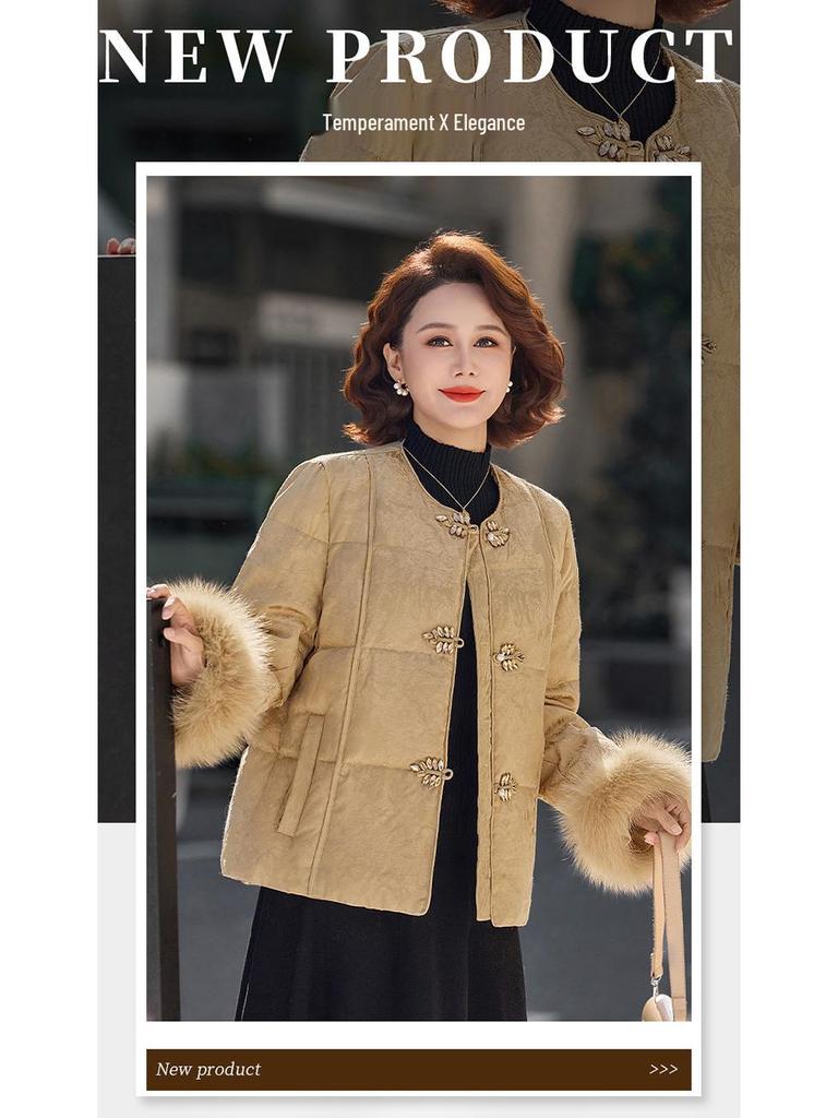 Women's Winter 2025 Jacquard Fox Fur Down Jacket - Short, Round Neck, White Duck Down, New Chinese Style Mother's Coat