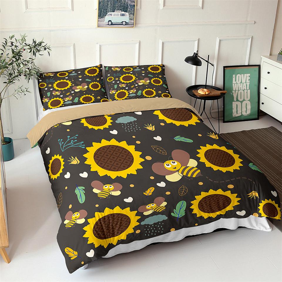 Sunflower Duvet Cover Set Yellow Flower Twin Bedding Set Polyester Black Gold Yellow Sunflowers Print Quilt Cover For Kids Teens
