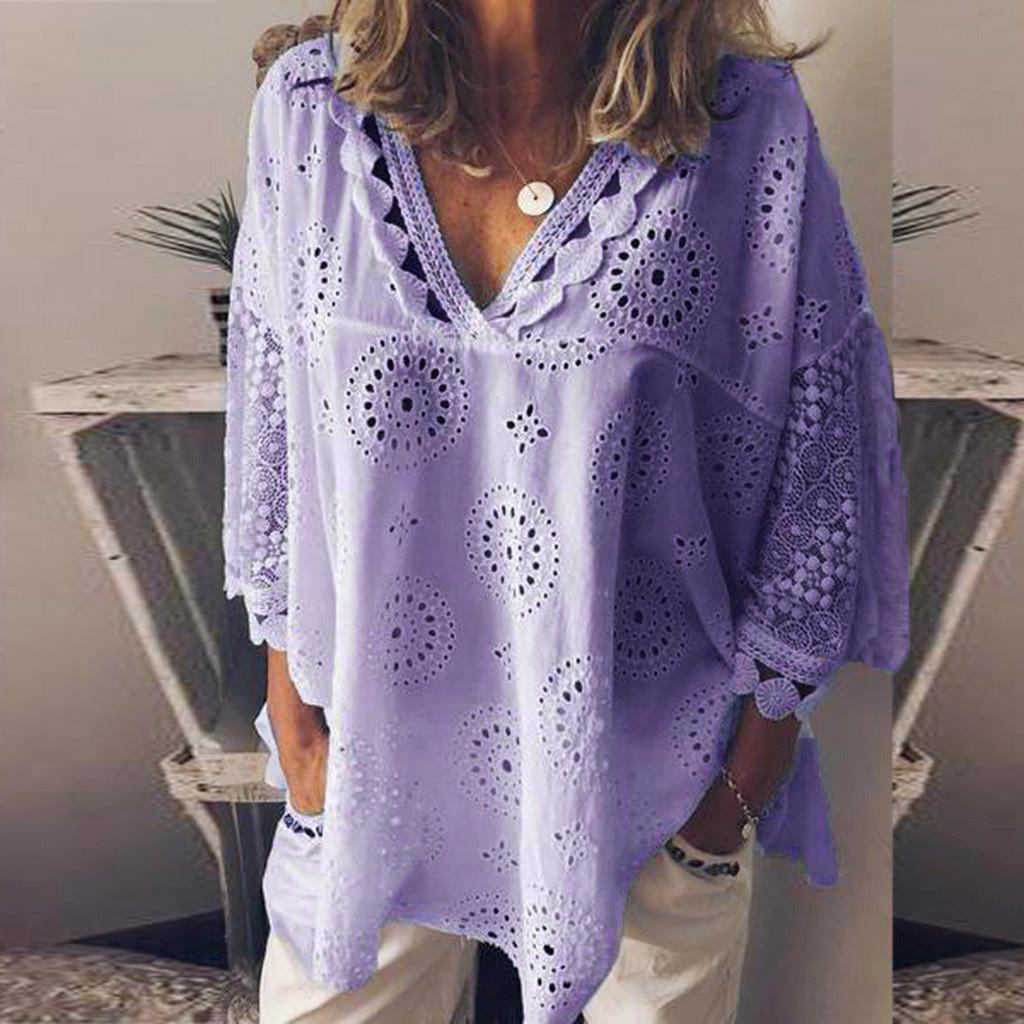 Women Half Sleeve Cotton Linen Hollow Out  Lace Patchwork T-Shirt Blouse Tops