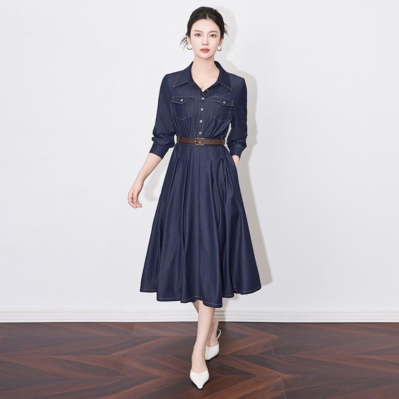 

Women s Spring Blue Denim Shirt Dress – Waist-Cinched, Commuter Style L темно-синього кольору