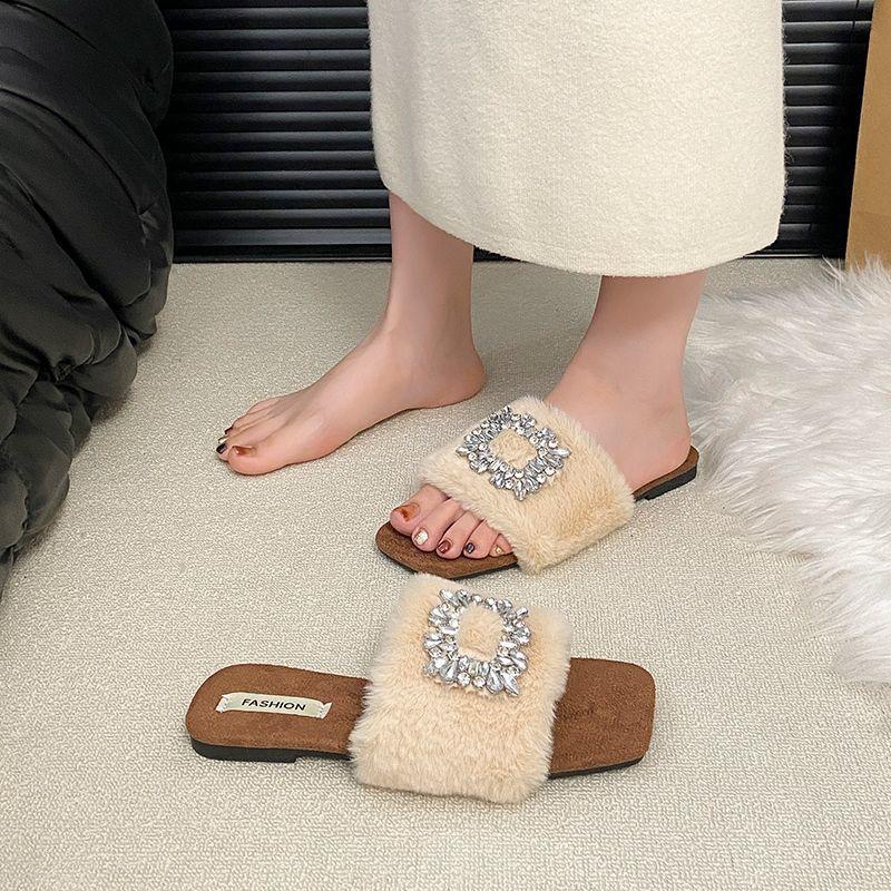 Retro Internet celebrity fairy wind word with fluffy slippers women wear 2025 autumn and winter new flat slippers