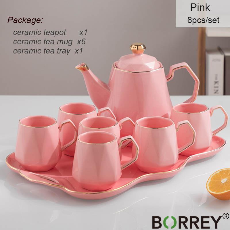 

Британский чайный сервиз BORREY, керамический чайник, чашка с подносом для чая, фарфоровая кофейная чашка, кружка, чайник, цветочный чайник, кофейник Pink (8pcs)