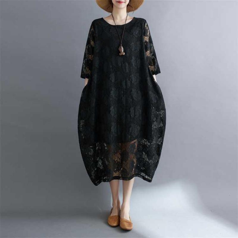 Summer Ethnic Style Lace Vintage Loose Dress Women Print Solid Color Round Neck Patchwork Pocket Long Sleeved Casual Versatile Dresses