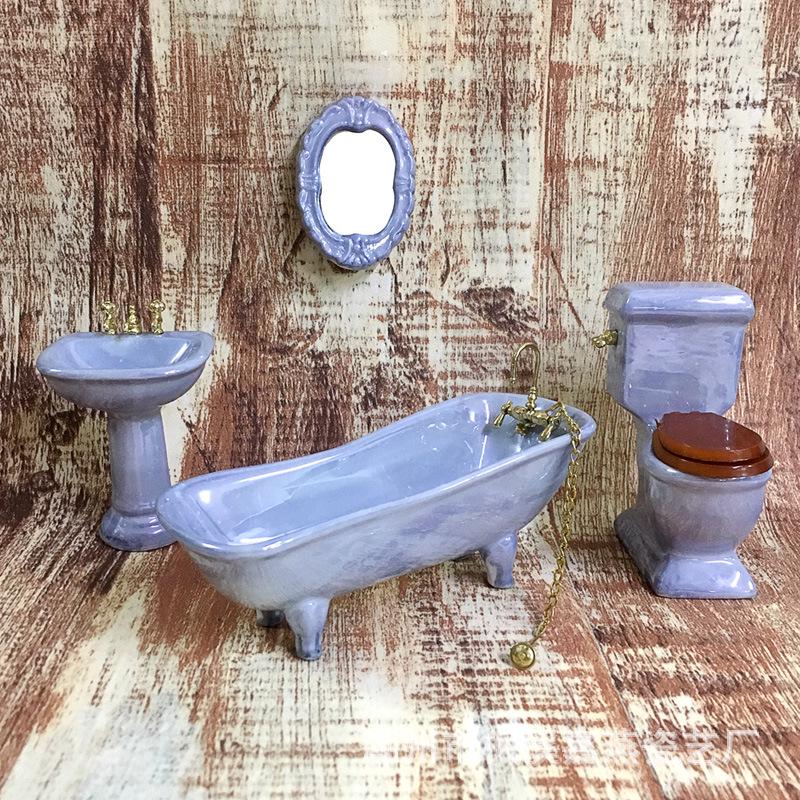 1:12 Scale Miniature Ceramic Bathroom Set - 4-Piece Dollhouse Fixtures