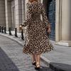 New leopard print long-sleeved dress temperament commuting high waist collar women's long dress