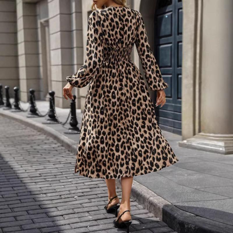 New leopard print long-sleeved dress temperament commuting high waist collar women's long dress