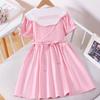 Girls Korean Short Sleeve Dress with Peter Pan Collar Summer Princess Dress for Big Kids