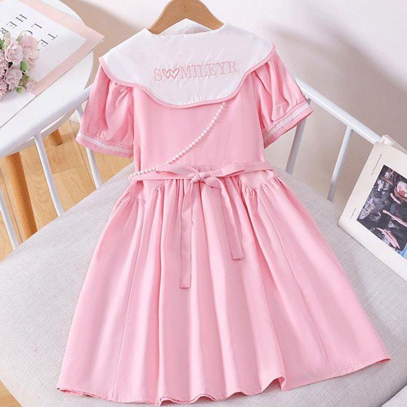 Girls Korean Short Sleeve Dress with Peter Pan Collar Summer Princess Dress for Big Kids