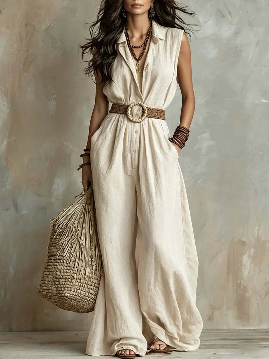 European and American women s cross-border summer new loose V-neck sleeveless solid color casual elegant buttoned women s jumpsuit S