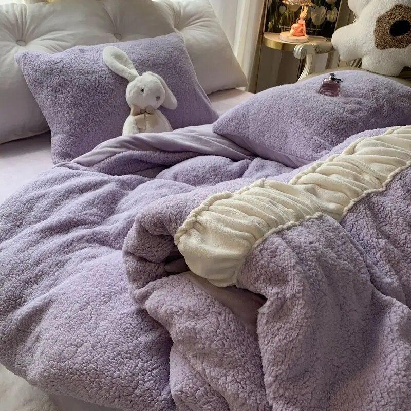 Home Textile Winter Warm Lambswool Duvet Cover Bed Sheets and Pillowcases 4pcs Set Thick Coral Velvet Thin Comforter Bedding Set