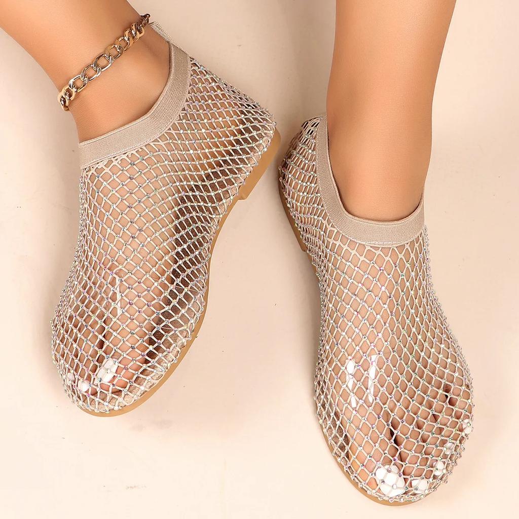 Fashion 2025 Summer Women's New Round Toe Flat Bottom Sandals Hollow Short Boots Water Diamond Sexy Flat Bottom Fashion Banquet Slippers