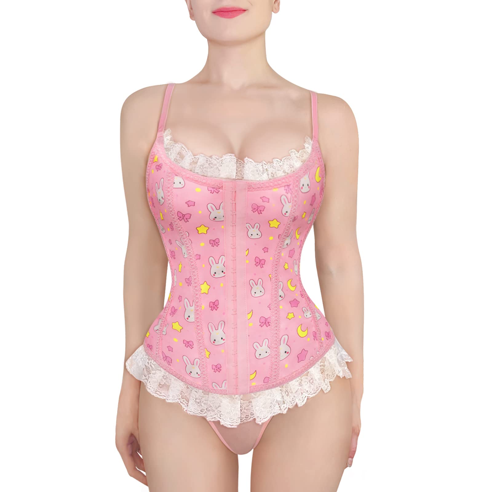 

Corset Strap Lace Ribbon Body Shaper Top M [LittleForBig] Women s [Rabbit Pattern] рожевий