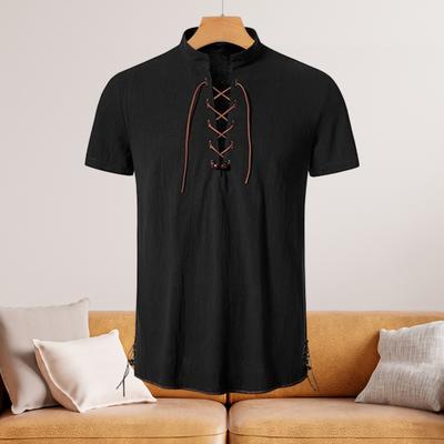 Men Band Collar Short Sleeve Shirt Casual Beach Solid Color Top Tee with Straps Summer Shirts for Daily Vacation Work