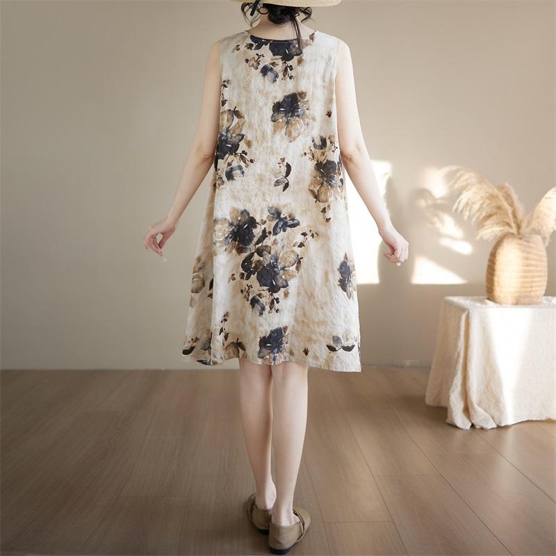 Sleeveless Plus Size Cotton Vintage Floral New In Dresses for Women Casual Loose Midi Summer Dress