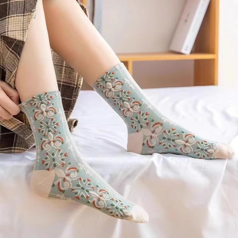 5 Pairs Flower Design Retro Cotton Socks Cotton Material Medium Length Sock  Spring Summer