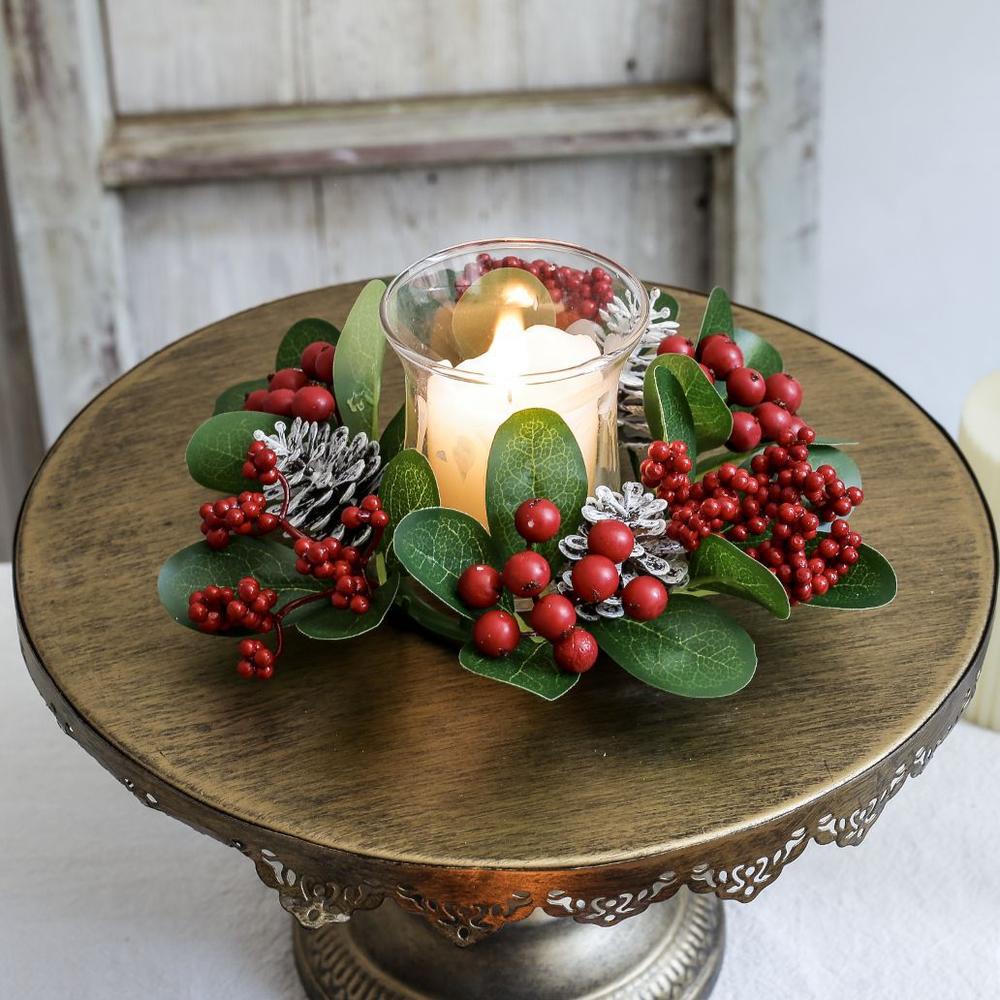 Christmas Candlestick Wreath Red Fruit Artificial Flowers Candle Ring Xmas New Year Table Decoration Candle Holder Garland