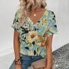 Summer Leisure V-neck T-shirt Women's T-shirt Retro Flower Pattern Print Fashion Print T-shirt Elegant Short Sleeved T-shirt