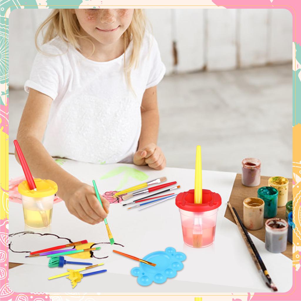 34Pcs Kids Painting Brushes Set Spill-Proof Paint Cups With Lid Paint Brushes Palette Tray Brush Ideal For Watercolour School Pr
