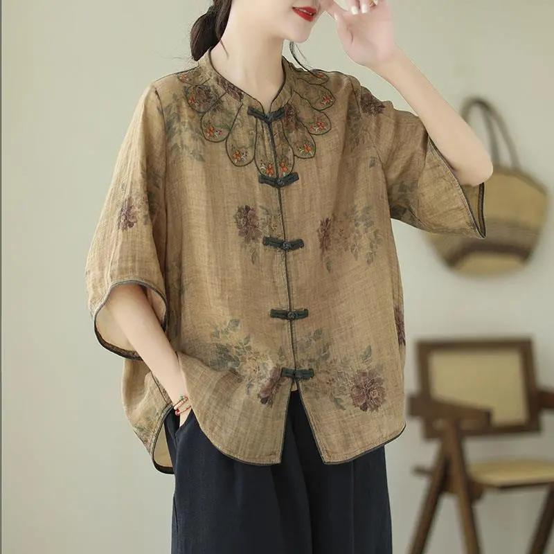 Summer Fashion Ladies Short-sleeved Embroidered Linen Shirt Thin Retro Disc Buckle Loose Cotton and Linen Top