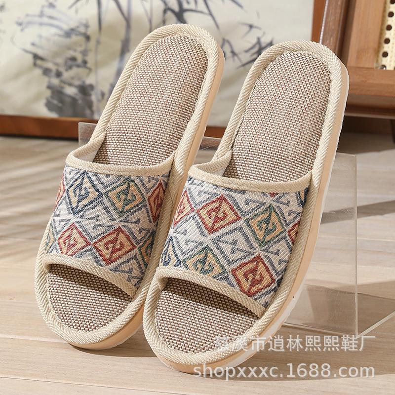 Open Toe Linen Slippers Vintage Style Four Seasons Indoor Outdoor Breathable Soft Sole Lightweight Comfortable Slip On House Shoes for Men and Women