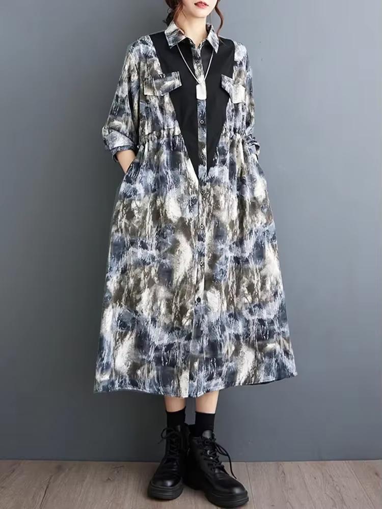 Xitao Volný potisk Patchwork Košile Šaty Ležérní Jednořadové se stahovací šňůrkou Ženy Podzim Nová Jednoduchost Temperamentní šaty DMJ4175