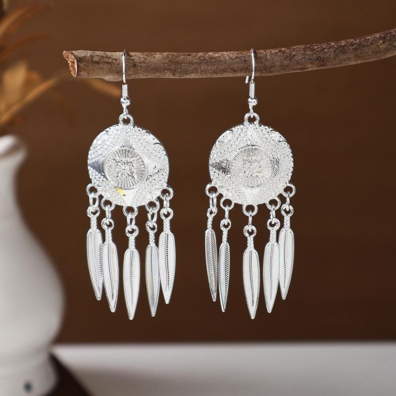 Ethnic Miao Silver Tassel Earrings - Retro Long Dangle Scenic Studs for Women